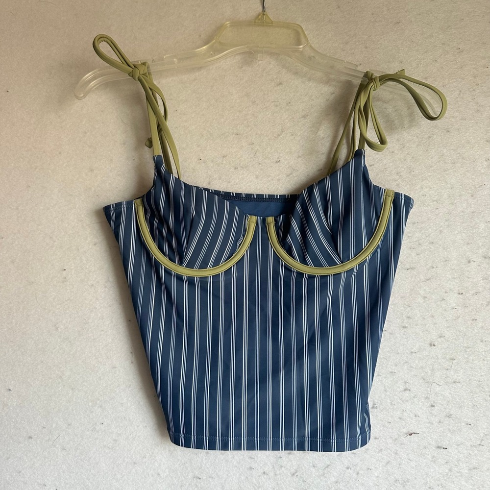 Geode Swimwear Harbor Tankini Top Navy Blue White Stripe Underwire Medium G-2803